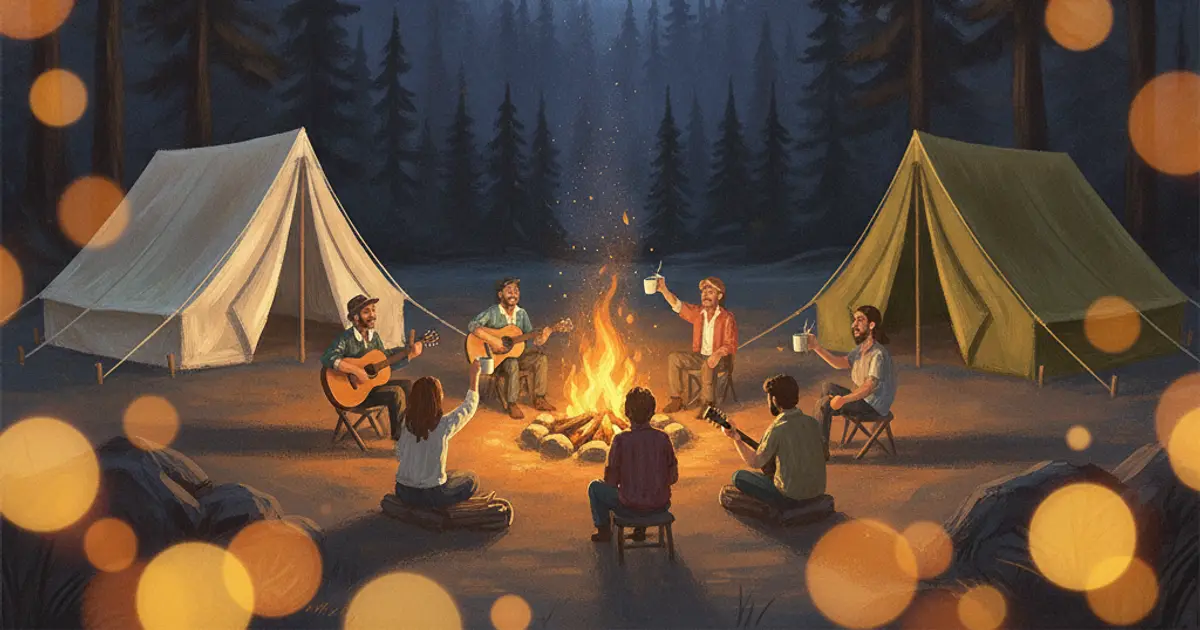 Illustrated friends around a campfire in the forest