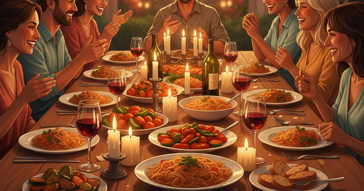 Illustrated friends gathered around a candlelit dinner table