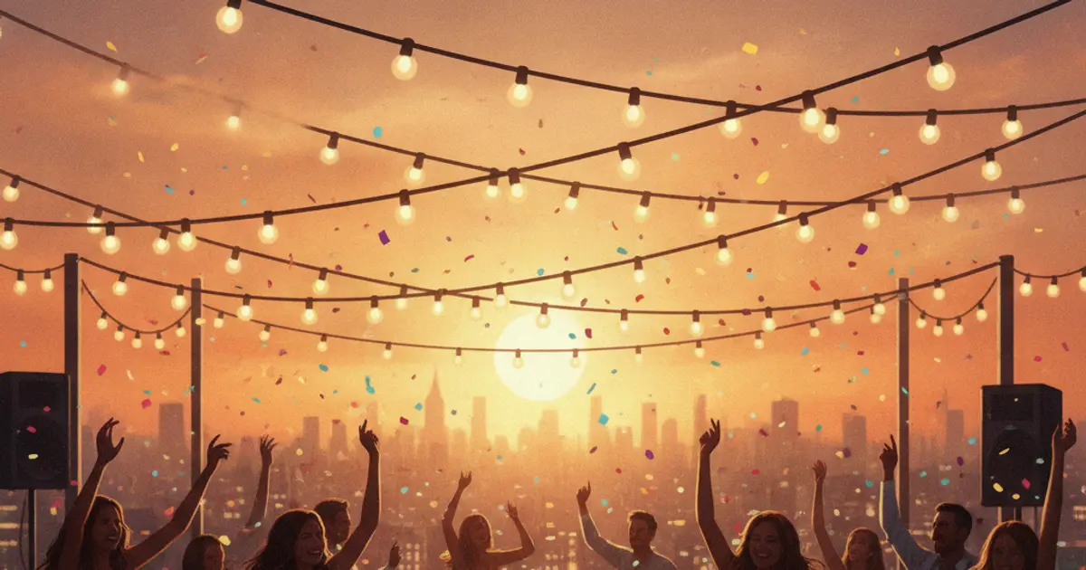 Illustrated celebration under string lights at sunset