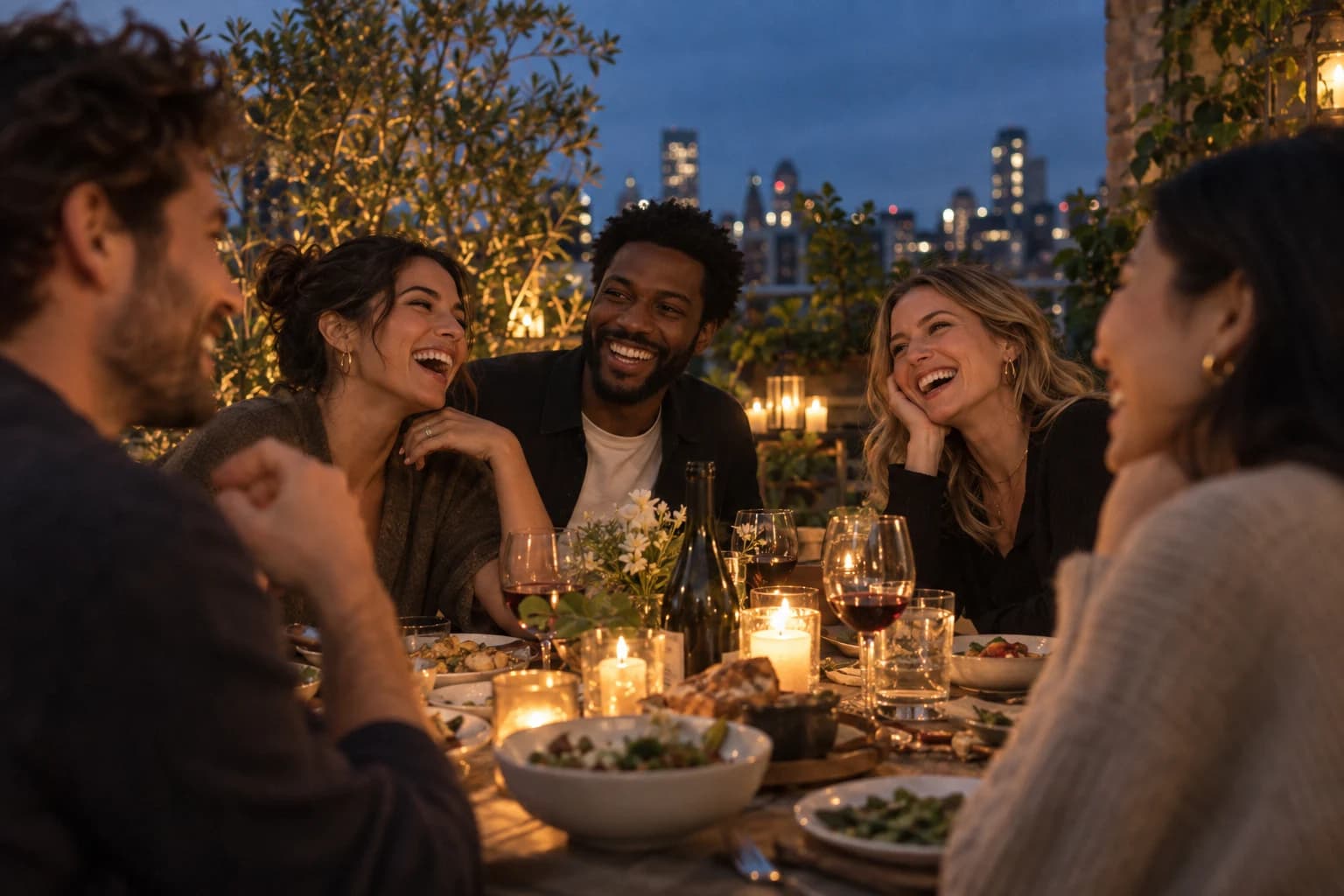 Friends sharing dinner on a rooftop at dusk